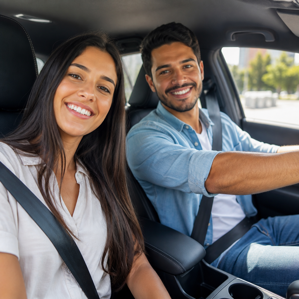 Casal feliz em carro novo
